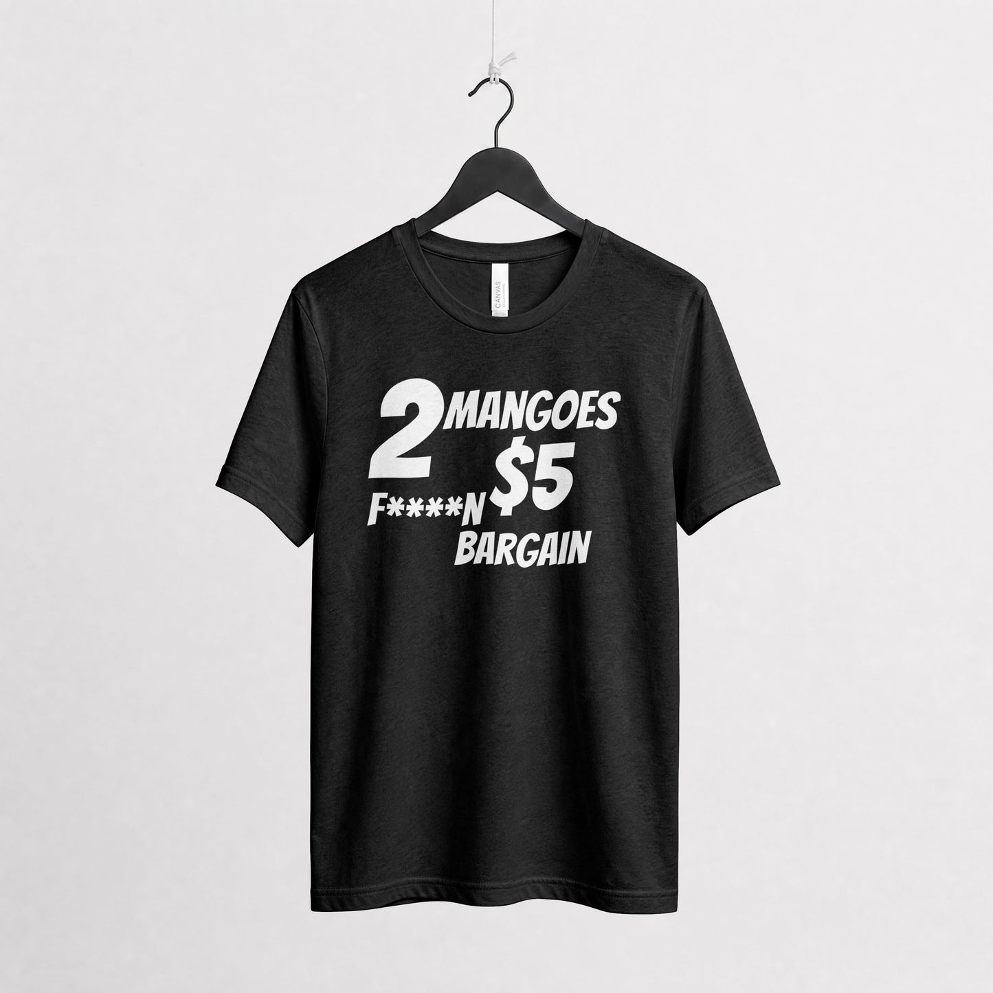 Black t-shirt with white text on a hanger against a light gray background