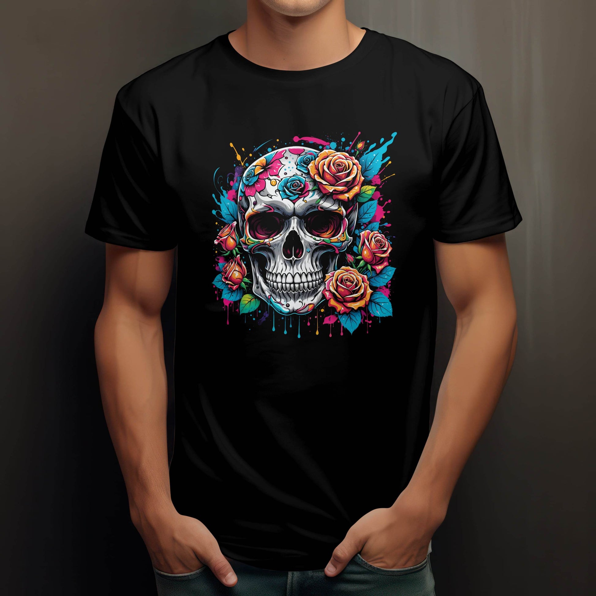 Bloom & Bone – Floral Skull Splash Edition T-shirt #s7 - Psyque
