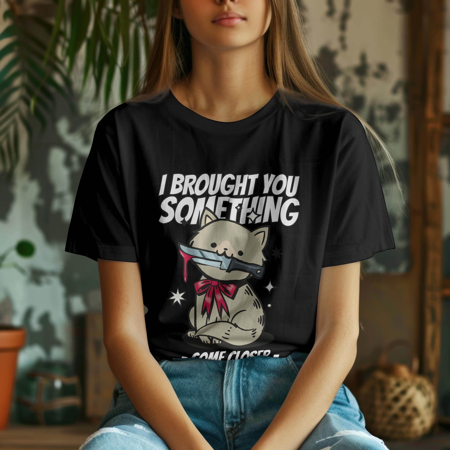 Funny Cat Knife T-Shirt – I Brought You Something #f8 - Psyque