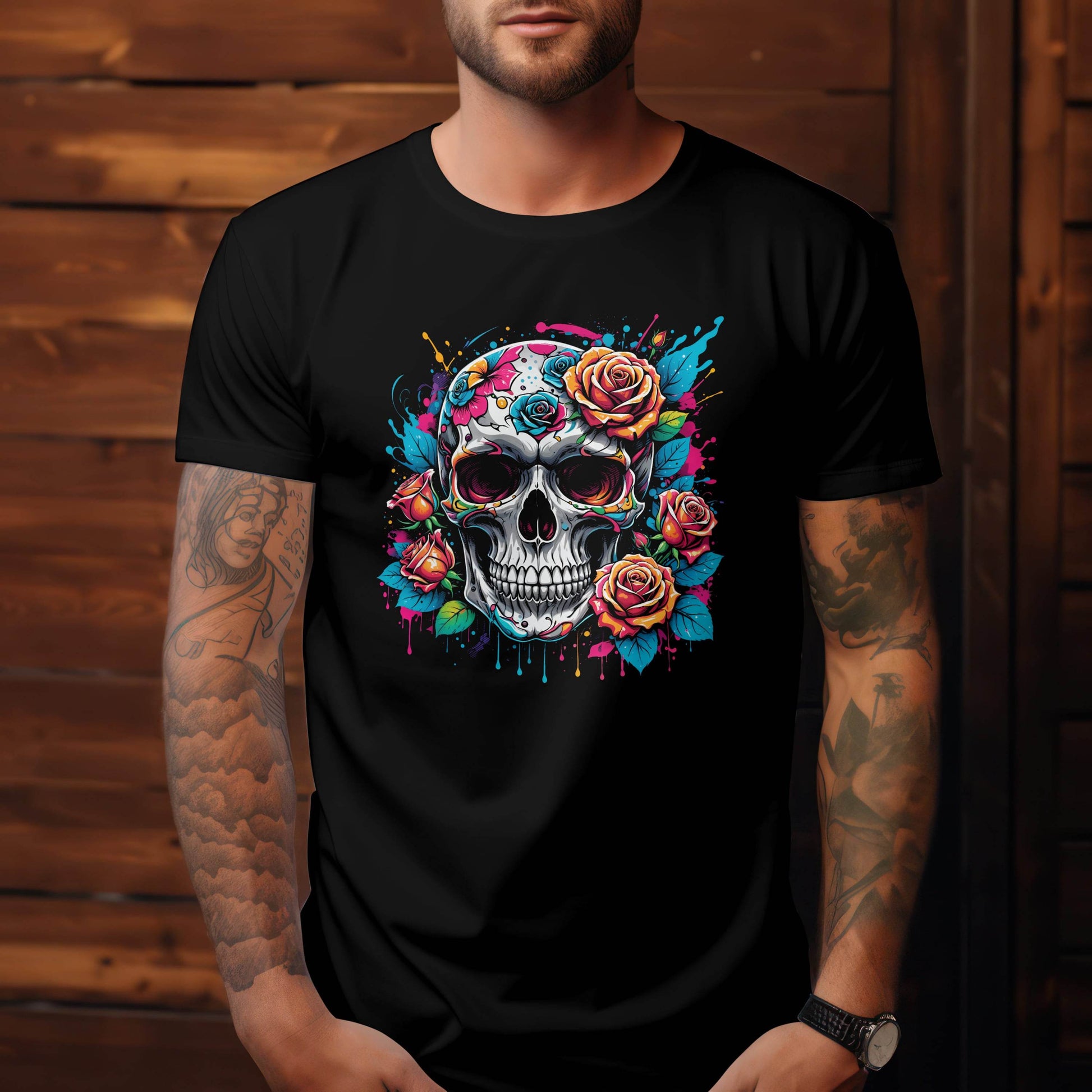 Bloom & Bone – Floral Skull Splash Edition T-shirt #s7 - Psyque