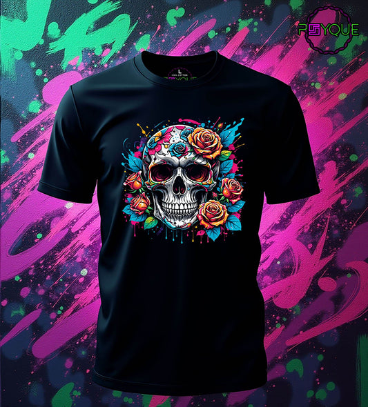 Bloom & Bone – Floral Skull Splash Edition T-shirt #s7 - Psyque