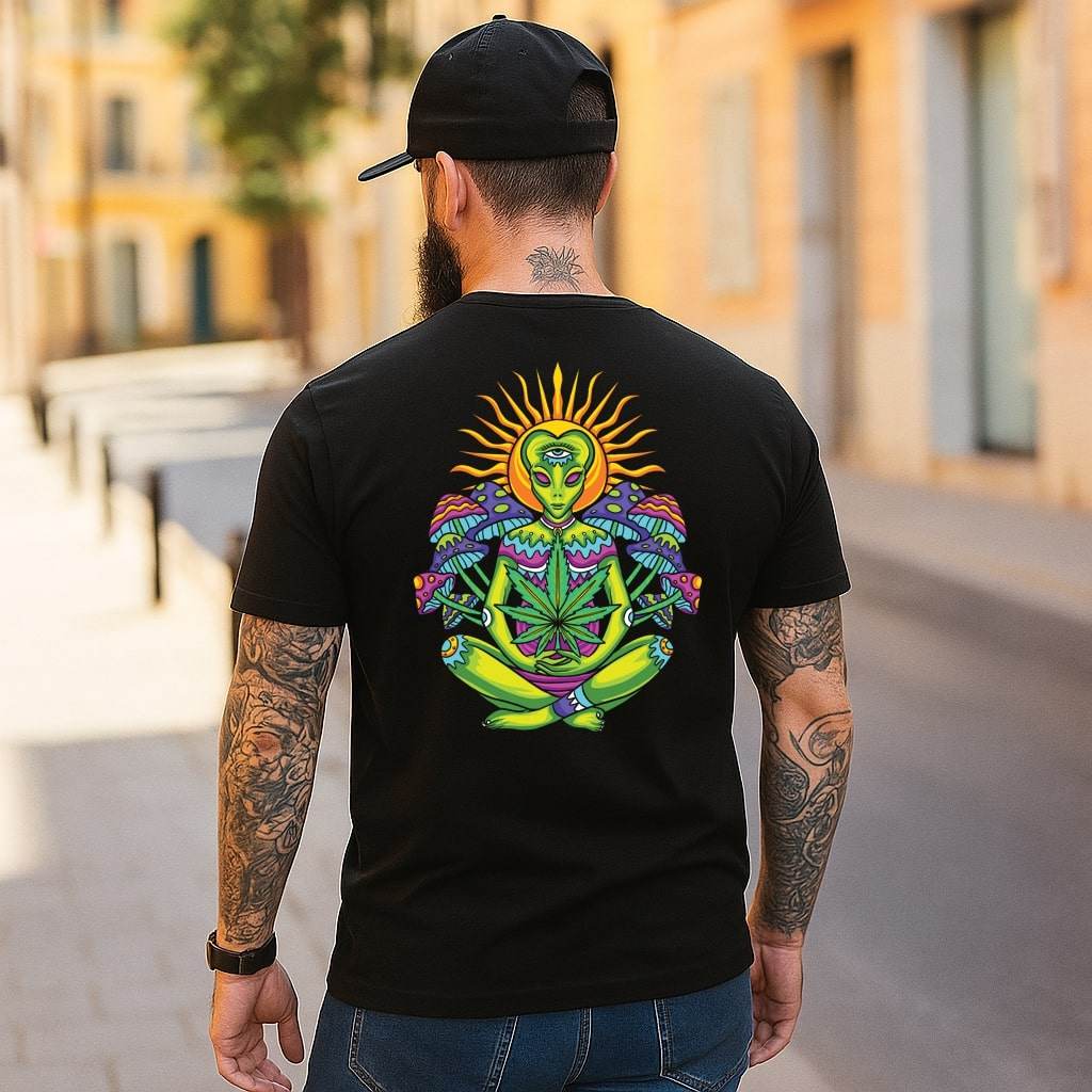 Cosmic Kush Guru – Meditating Alien Tee #st5 - Psyque