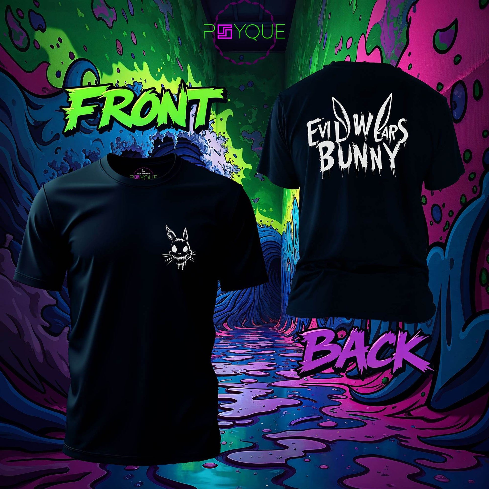 Evil Wears Bunny Ears – Creepy Chest & Back Print Edition T-shirt #p1a - Psyque