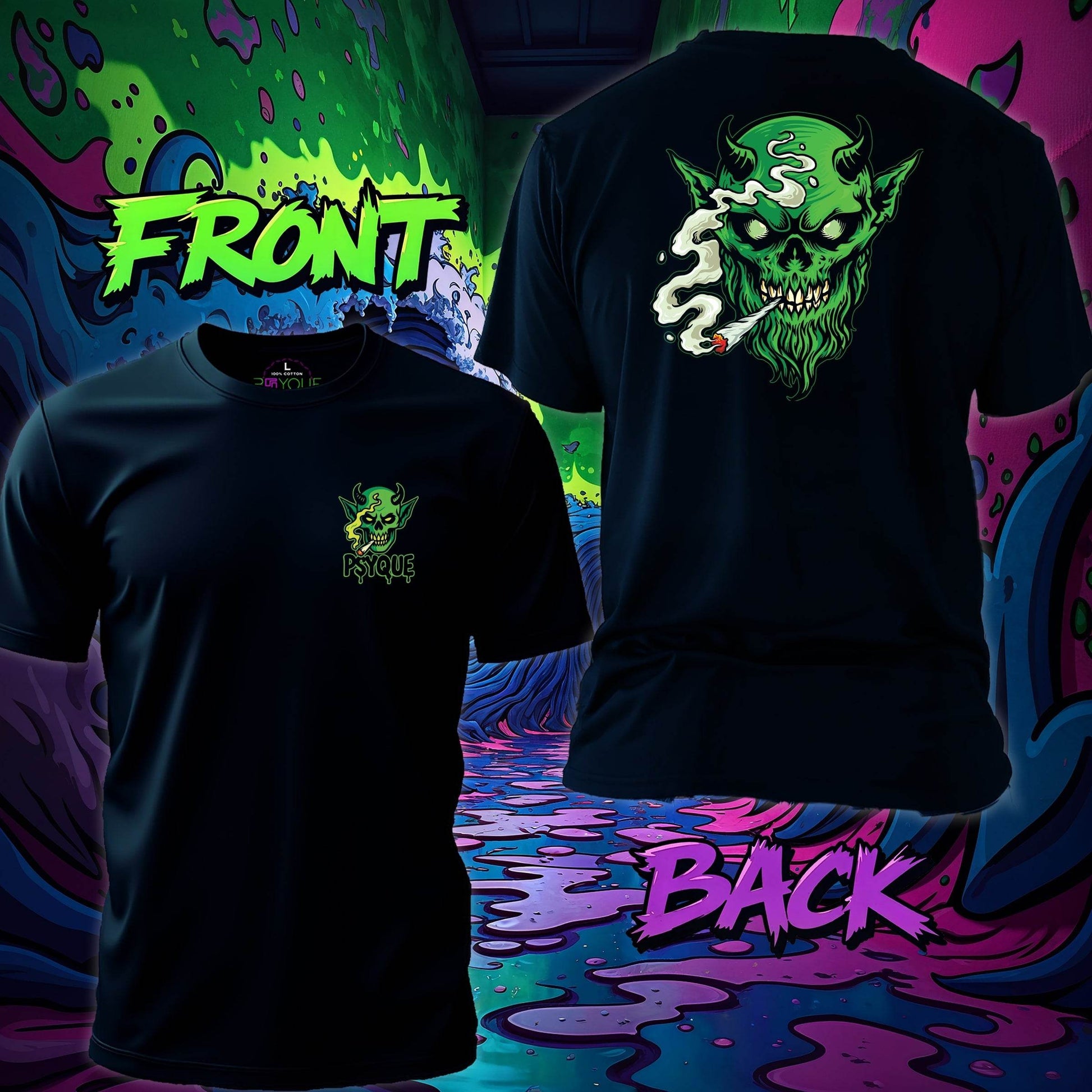 Green Fiend – Smokin’ Devil Head T-shirt #st25 - Psyque