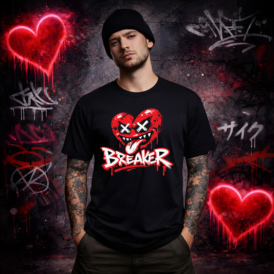 Man wearing a black t-shirt with a graphic design in front of a graffiti-covered wall.