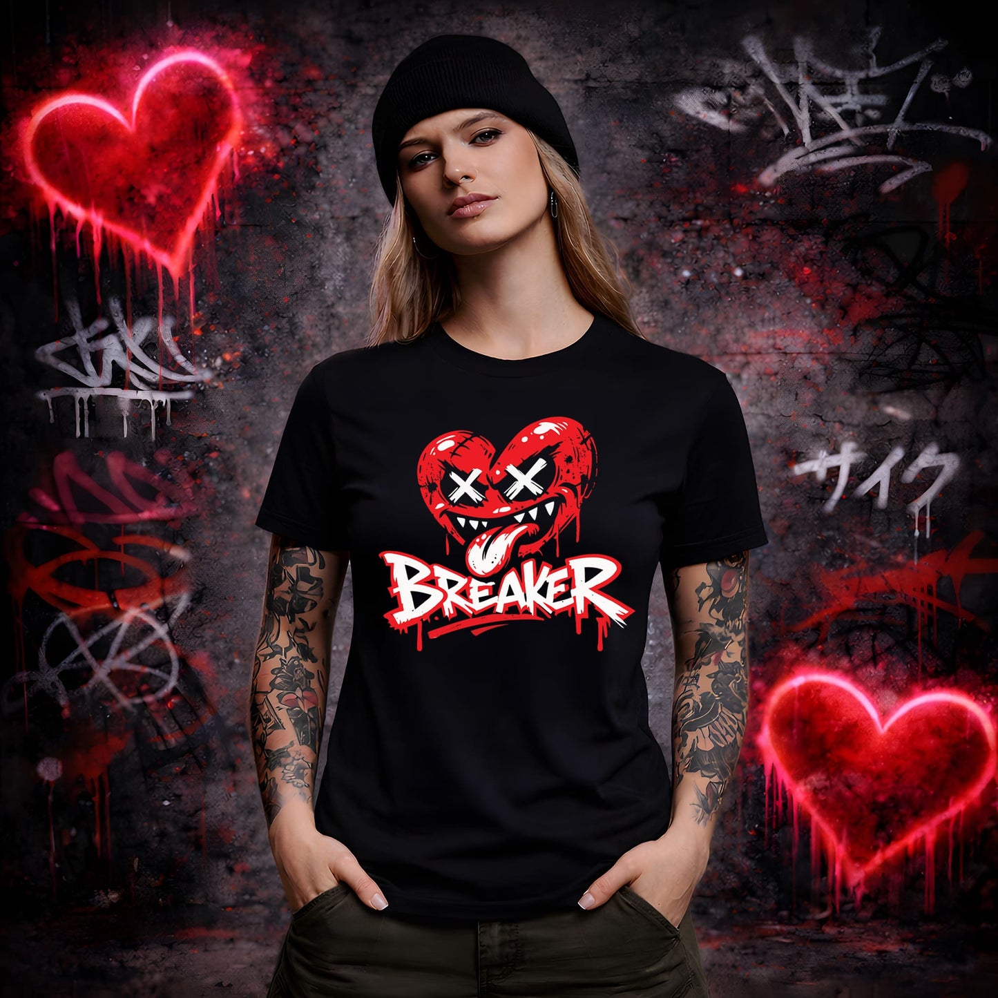 Person wearing a black t-shirt with a red and white graphic design in front of a graffiti-covered wall.