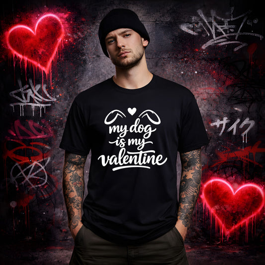 Man wearing a black t-shirt with 'my dog is my valentine' text in front of graffiti wall with red hearts.