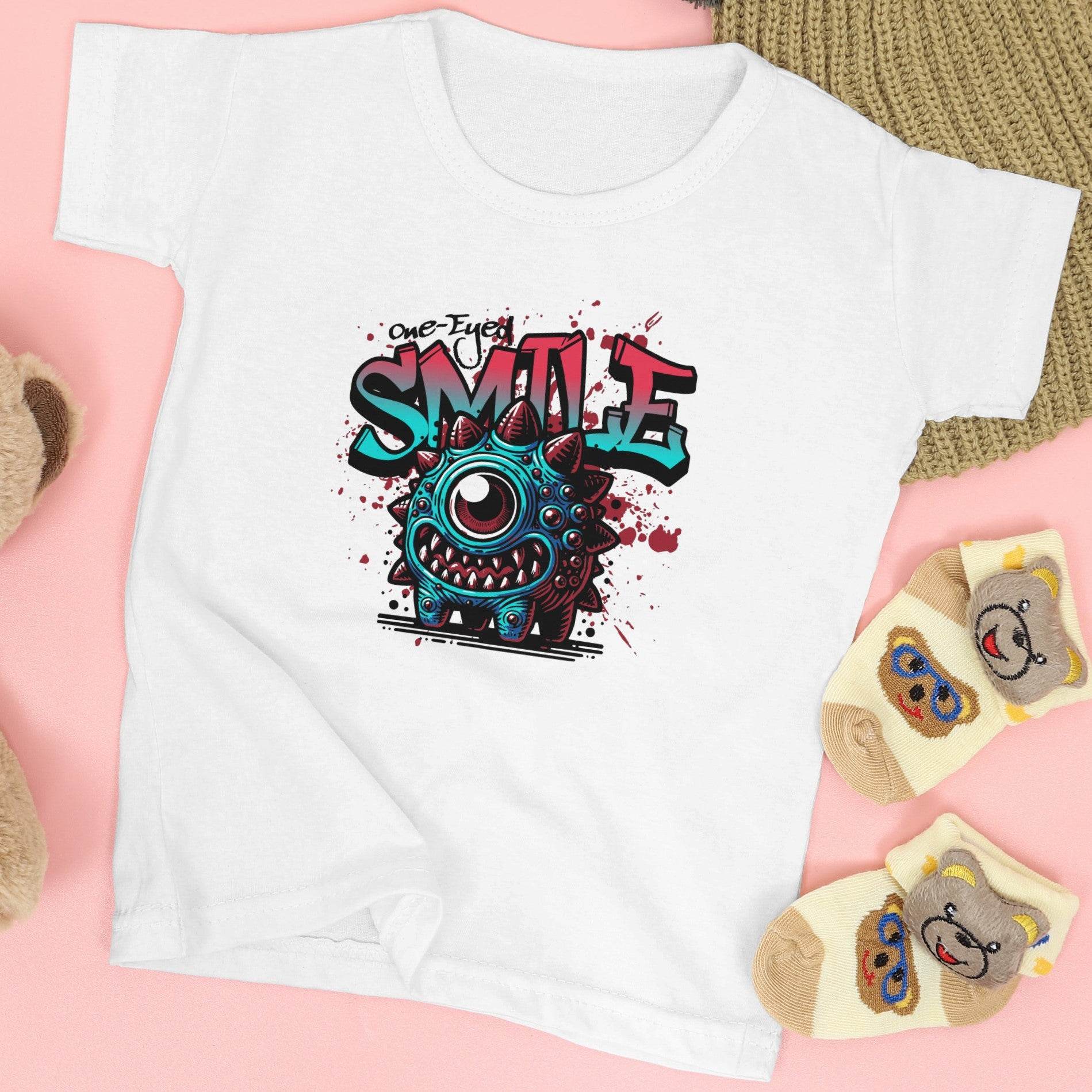 One-Eyed Smile Kids T-Shirt – Spiky Monster Graphic Tee #k10 - Psyque