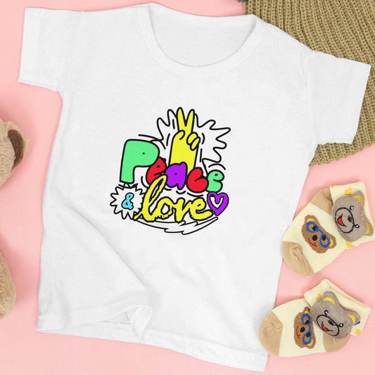Peace and Love Kids T-Shirt – Colorful Doodle Design #k9 - Psyque