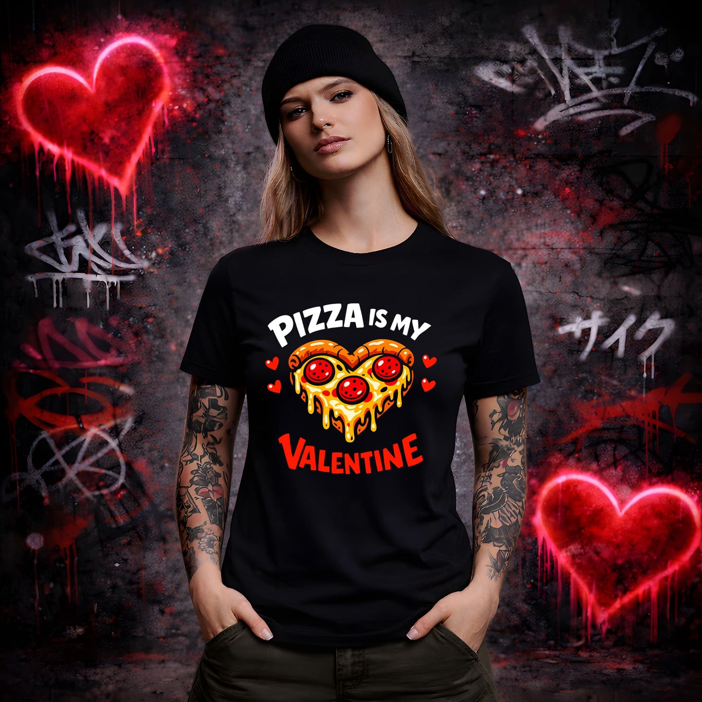 Person wearing a black t-shirt with 'Pizza is my Valentine' design against a graffiti-covered wall.