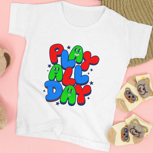 Play All Day Kids T-Shirt – Colorful Fun Graphic Tee #k8 - Psyque