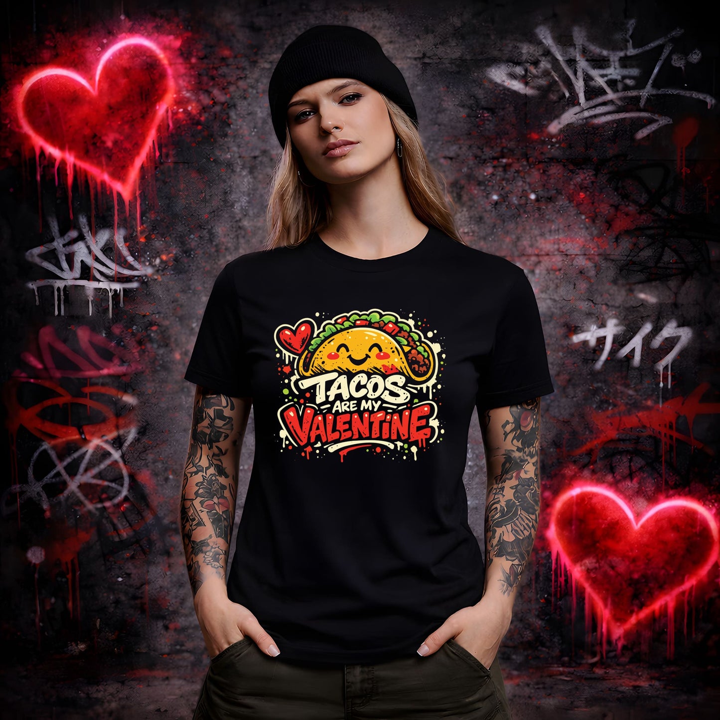Person wearing a black t-shirt with 'Tacos are my Valentine' design against a graffiti-covered wall.