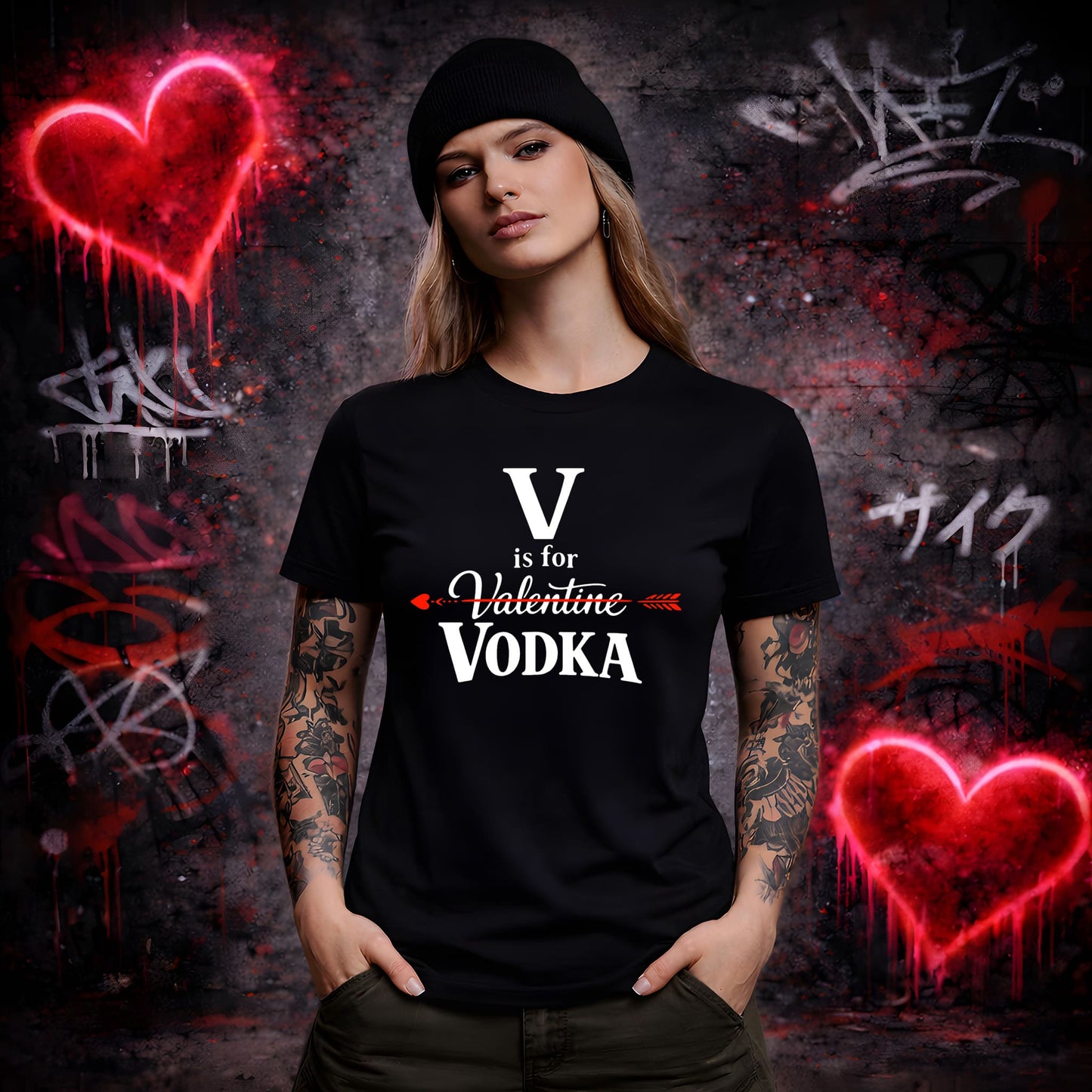 Person wearing a black t-shirt with 'V is for Valentine Vodka' text in front of a graffiti-covered wall with red hearts.