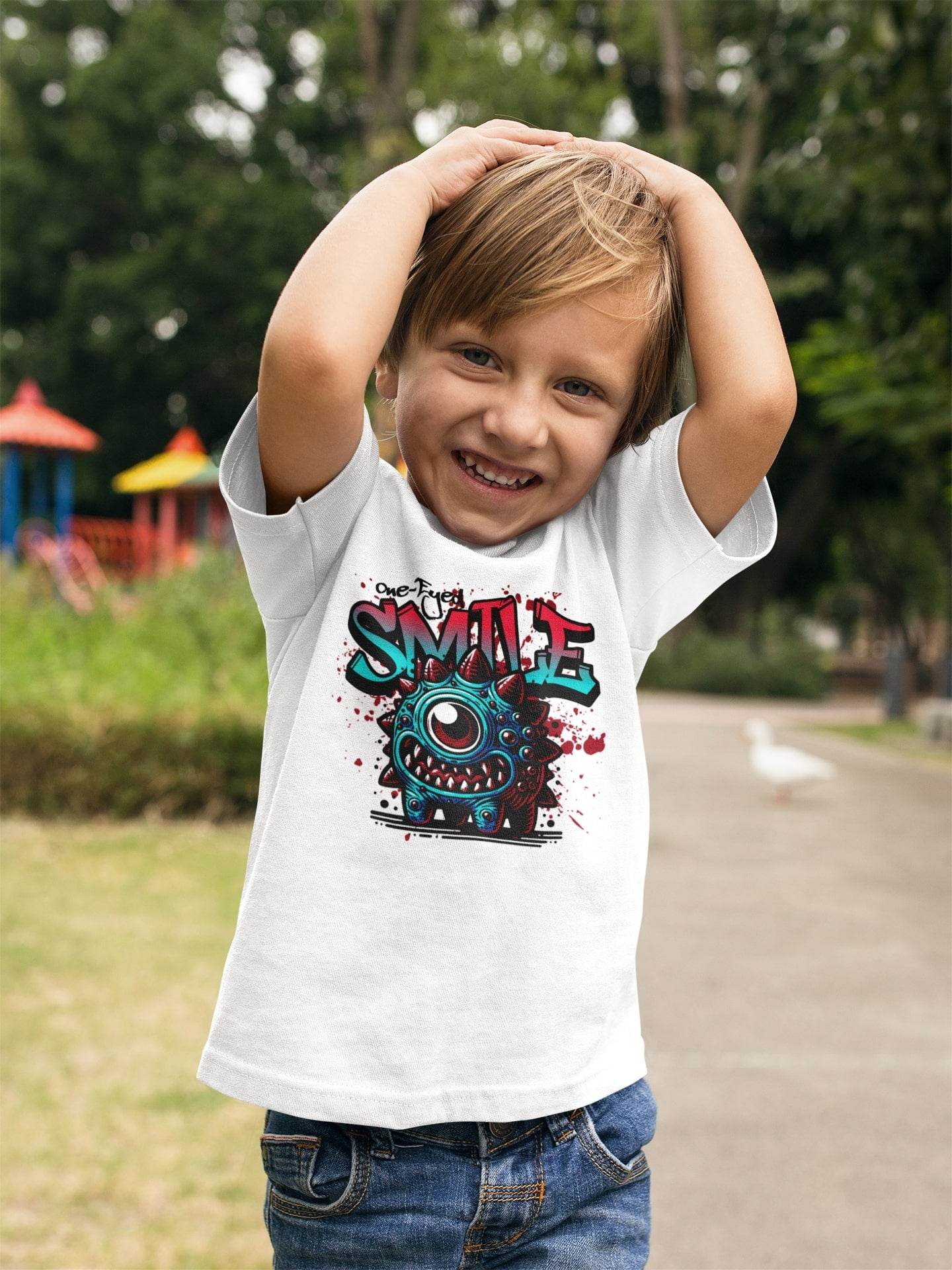 One-Eyed Smile Kids T-Shirt – Spiky Monster Graphic Tee #k10 - Psyque