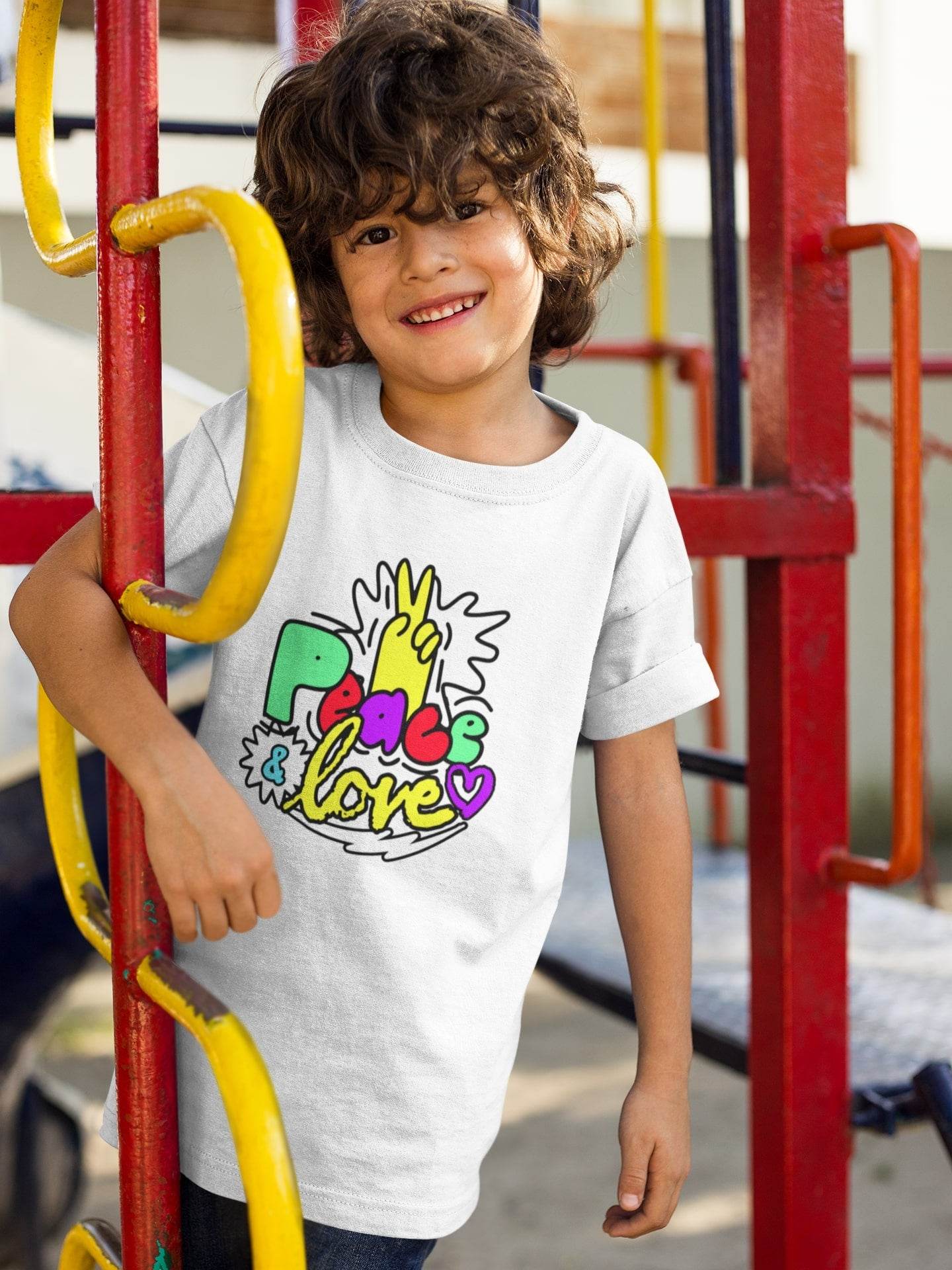 Peace and Love Kids T-Shirt – Colorful Doodle Design #k9 - Psyque