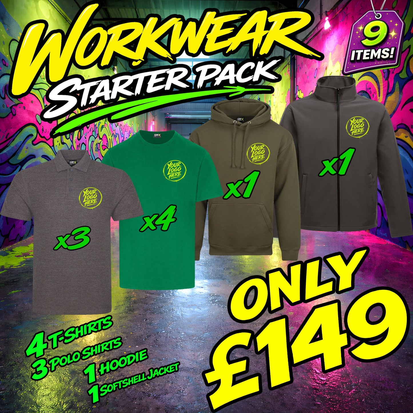 Workwear starter pack with t-shirts, polo shirts, hoodie, and softshell jacket on a colorful background.