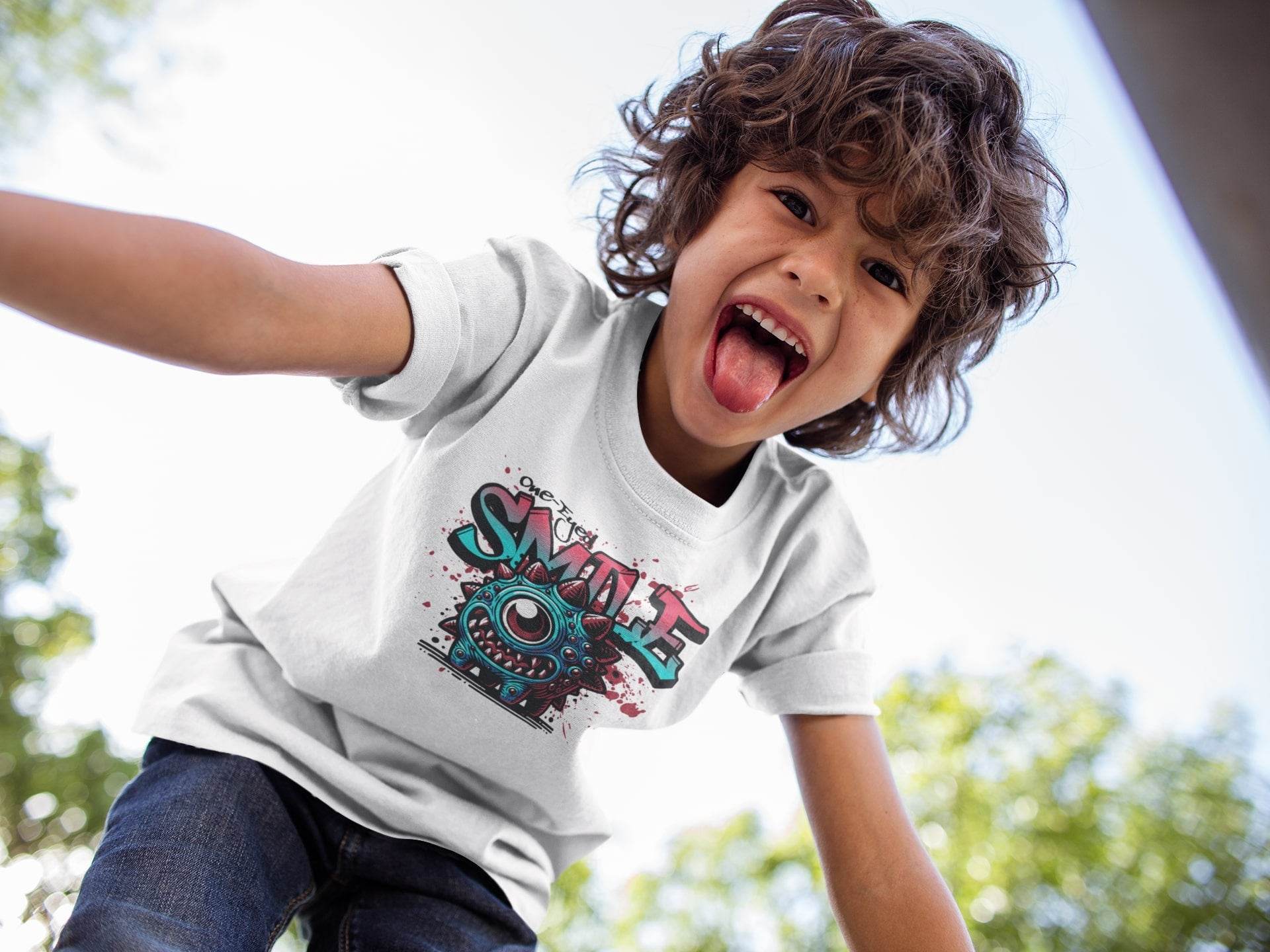 One-Eyed Smile Kids T-Shirt – Spiky Monster Graphic Tee #k10 - Psyque
