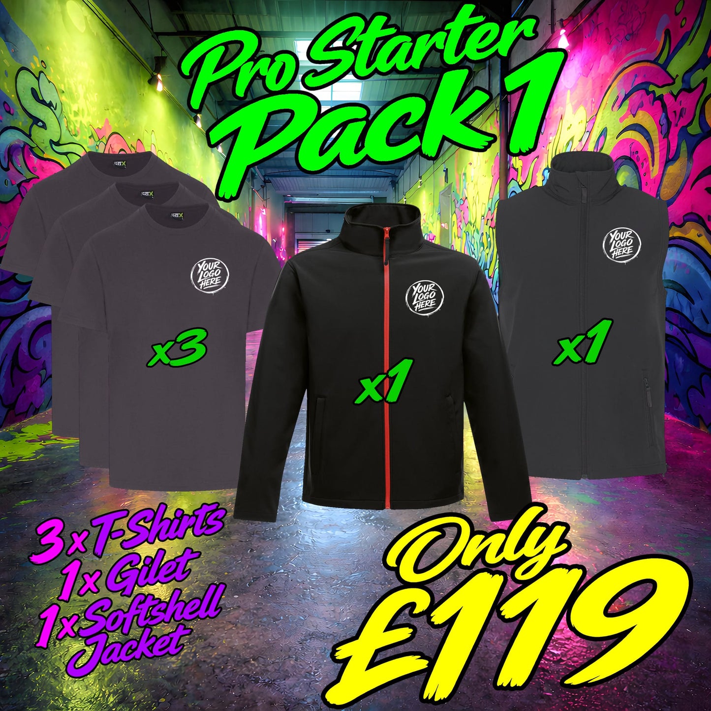 Promotional image of a 'Pro Starter Pack 1' with jackets, t-shirts, and gilets against a colorful graffiti background.
