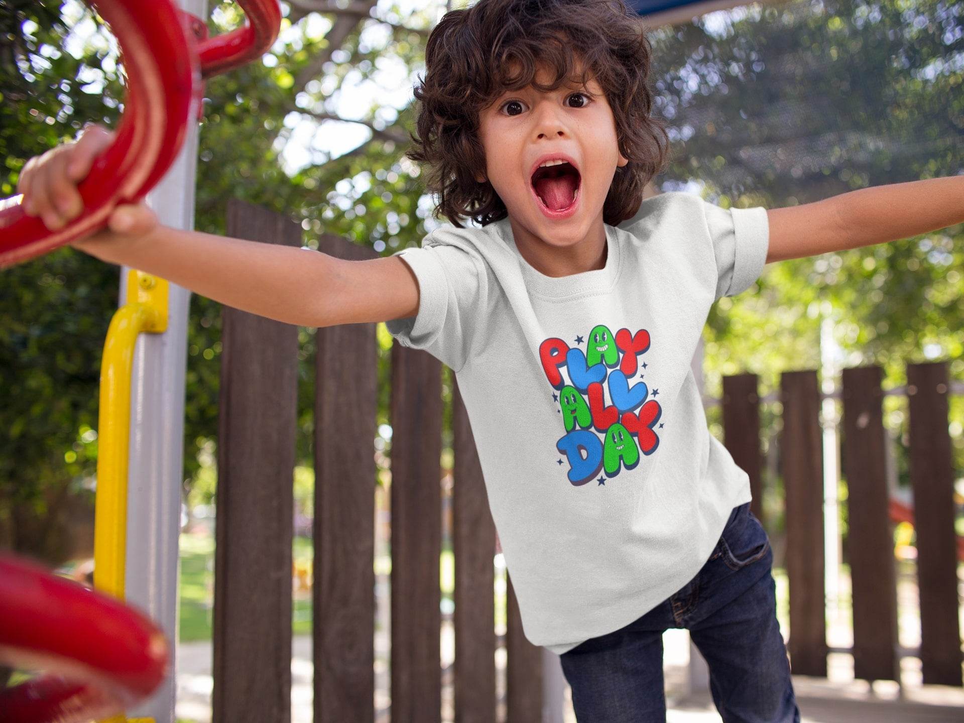Play All Day Kids T-Shirt – Colorful Fun Graphic Tee #k8 - Psyque