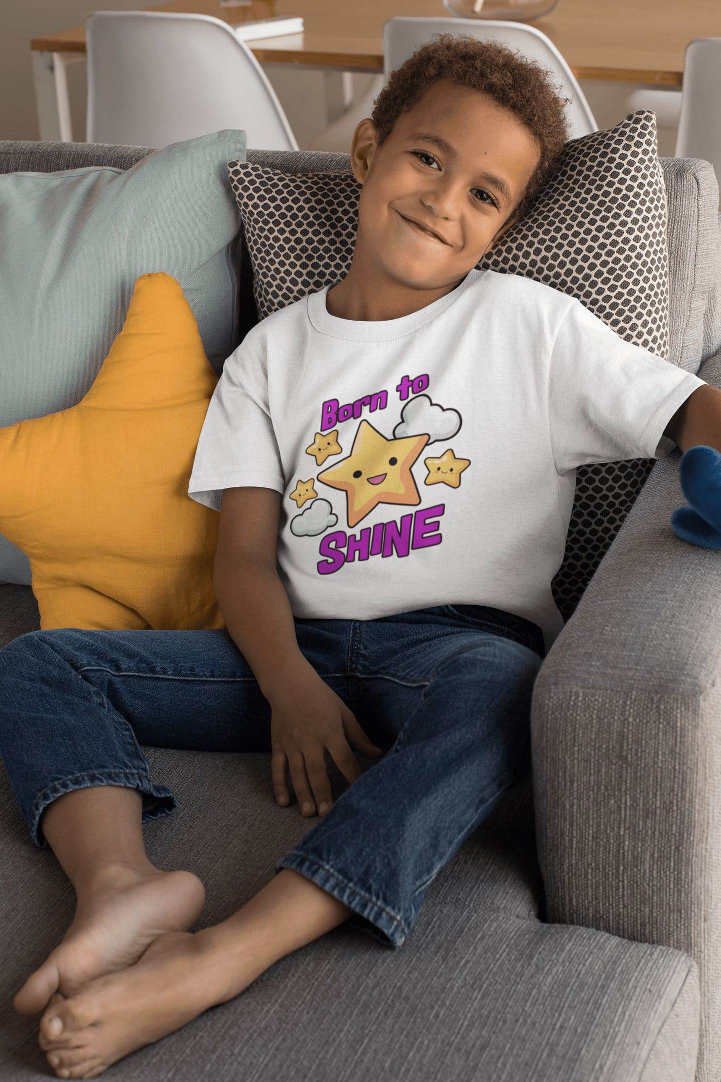 Born to Shine Kids T-Shirt – Happy Star & Cloud Graphic #k19 - Psyque