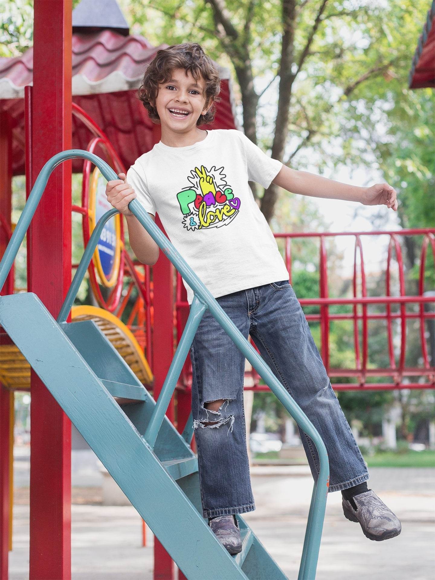 Peace and Love Kids T-Shirt – Colorful Doodle Design #k9 - Psyque