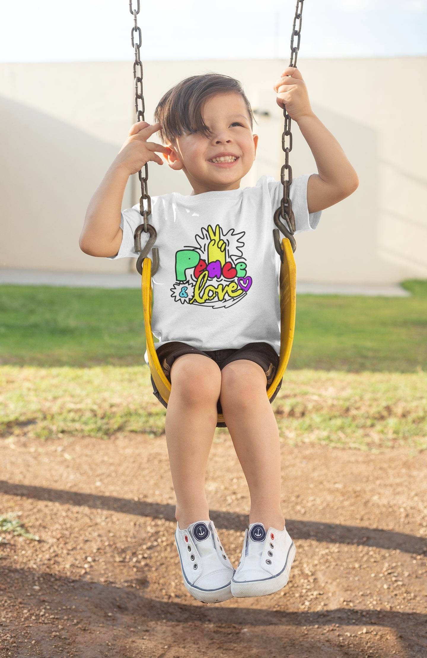 Peace and Love Kids T-Shirt – Colorful Doodle Design #k9 - Psyque