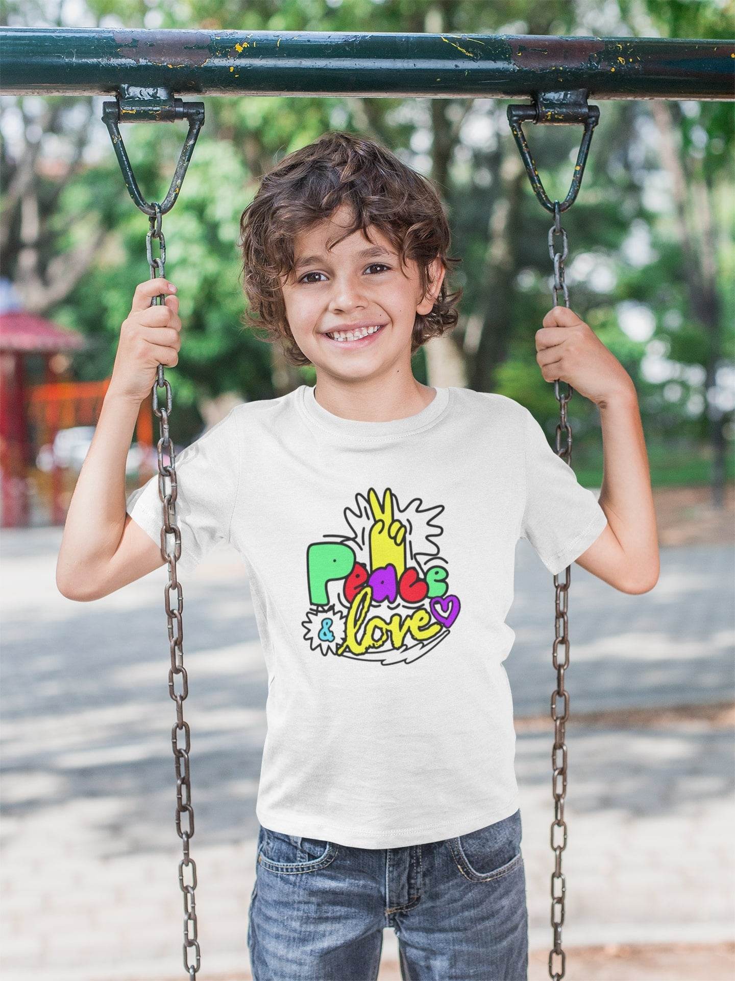 Peace and Love Kids T-Shirt – Colorful Doodle Design #k9 - Psyque