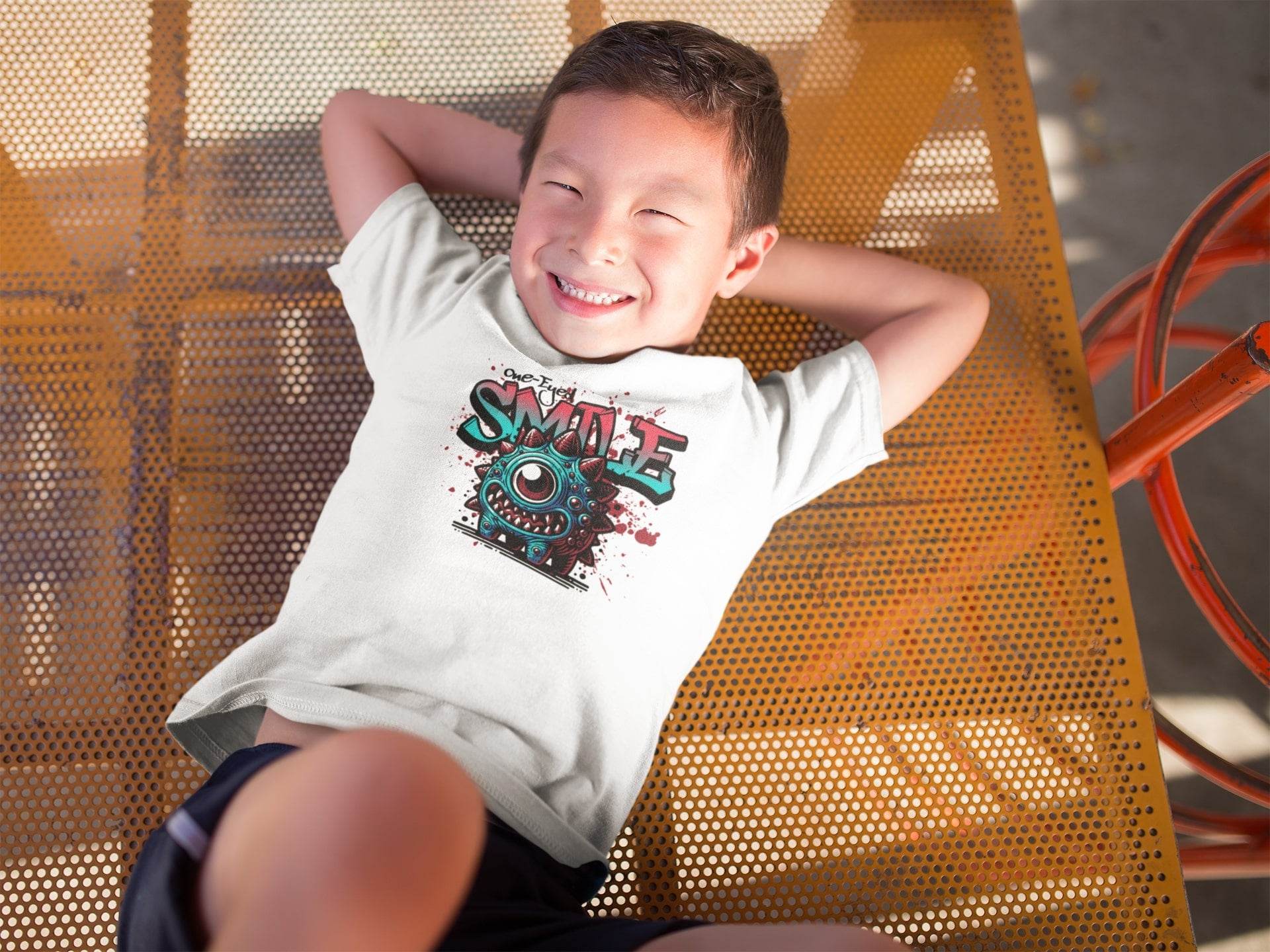 One-Eyed Smile Kids T-Shirt – Spiky Monster Graphic Tee #k10 - Psyque