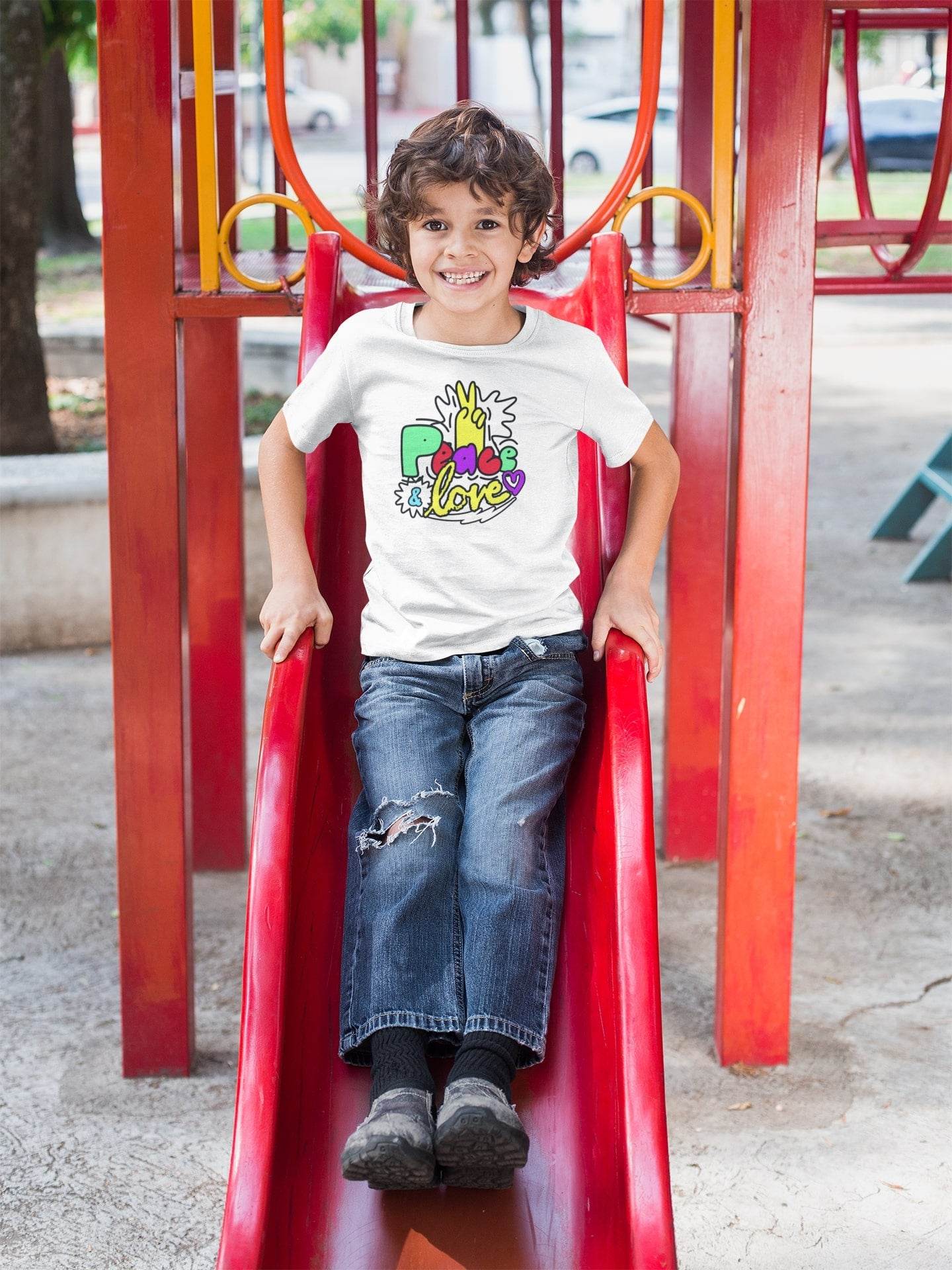Peace and Love Kids T-Shirt – Colorful Doodle Design #k9 - Psyque