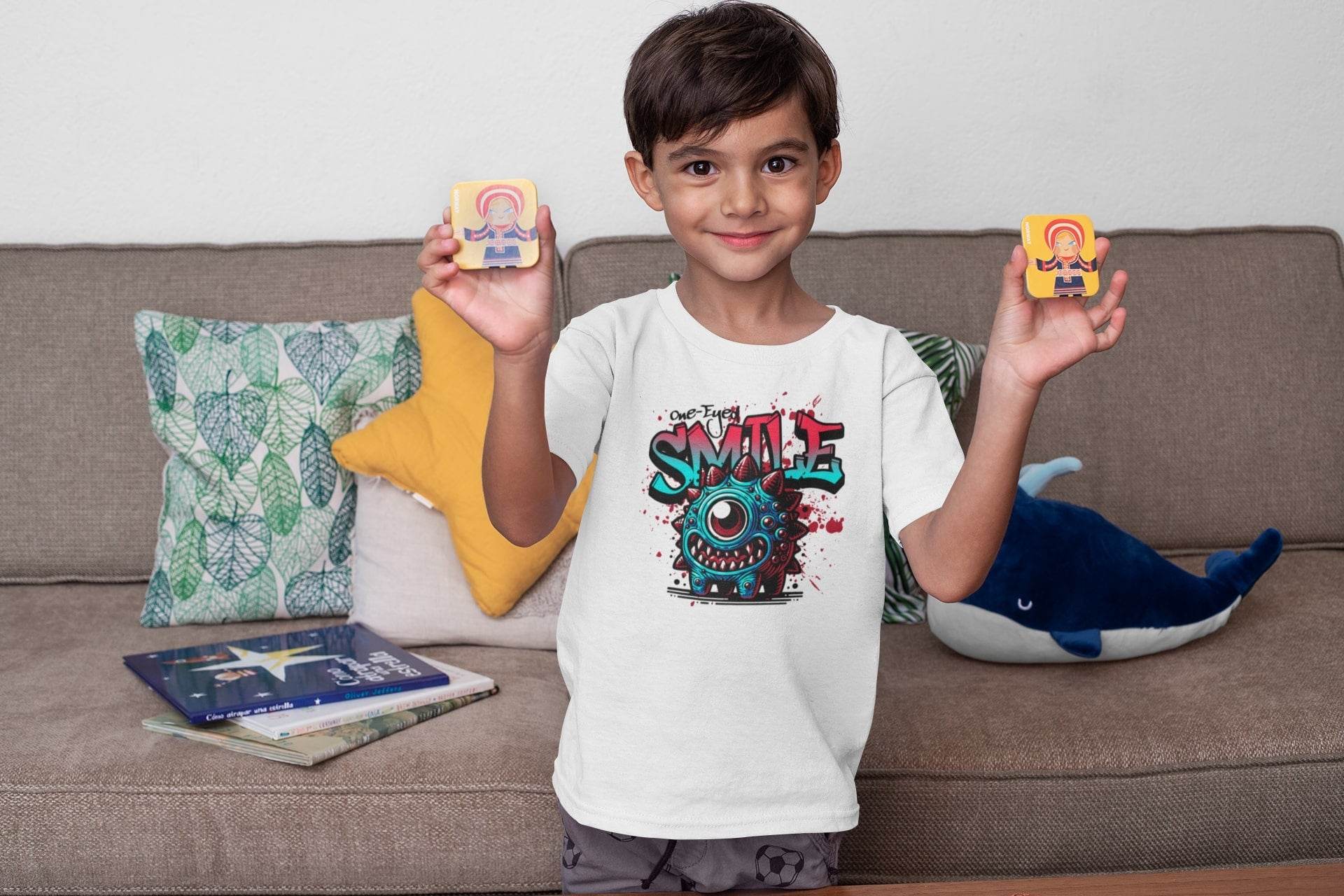 One-Eyed Smile Kids T-Shirt – Spiky Monster Graphic Tee #k10 - Psyque