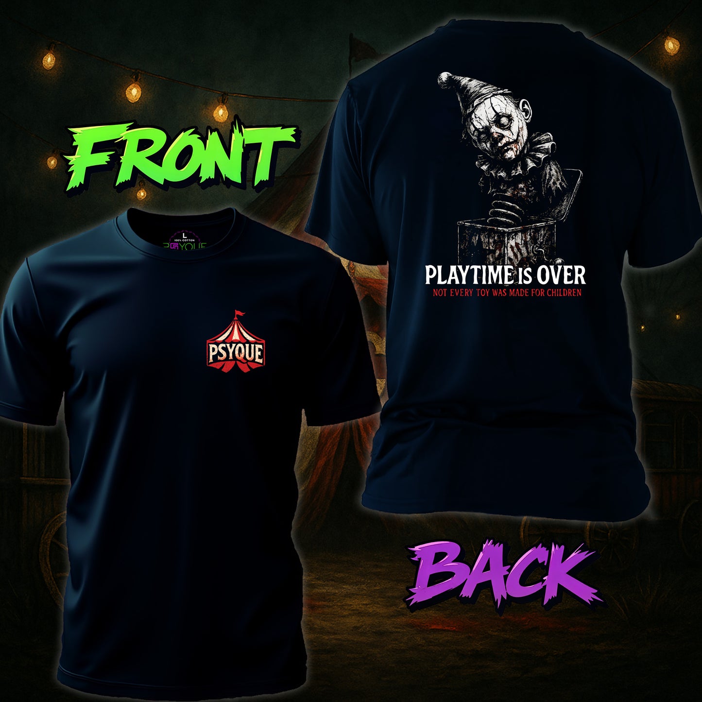 Black t-shirt with Psyque logo on front and graphic design with text on back, against a dark background.