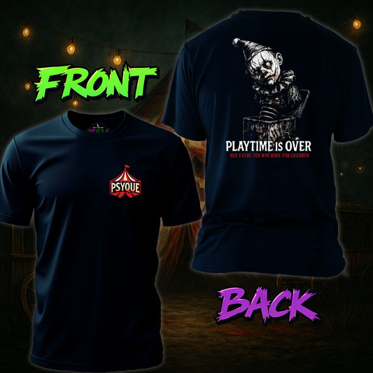 Black t-shirt with Psyque logo on front and graphic design with text on back, against a dark background.