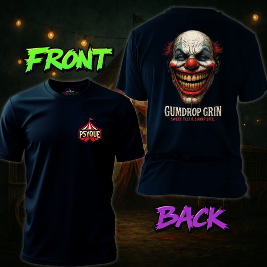 Two black t-shirts, one with a logo on the front and the other with a clown graphic on the back, against a dark background.