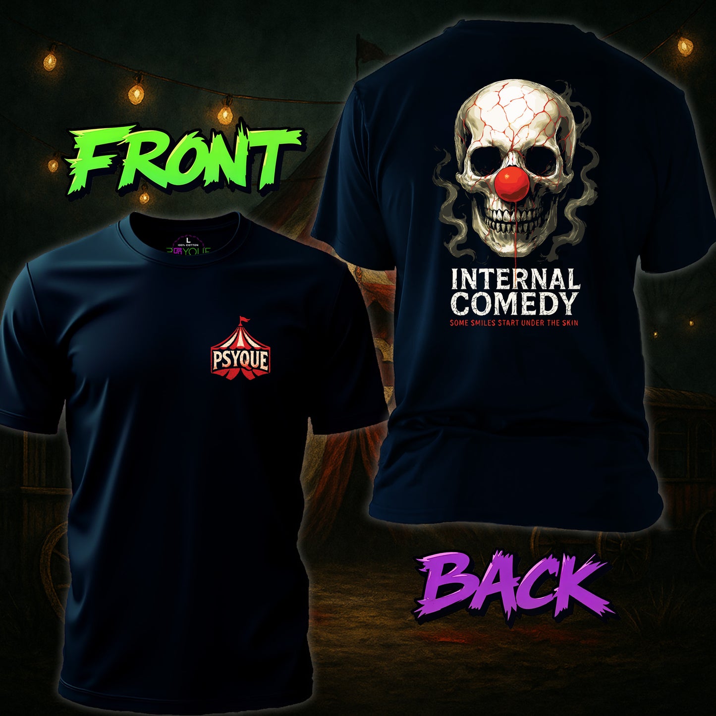 Two black t-shirts, one with a Psyque logo and the other with a skull design, on a dark background.