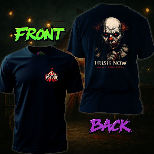 Two black t-shirts, one with a logo on the front and the other with a graphic design of a clown on the back, against a dark background.