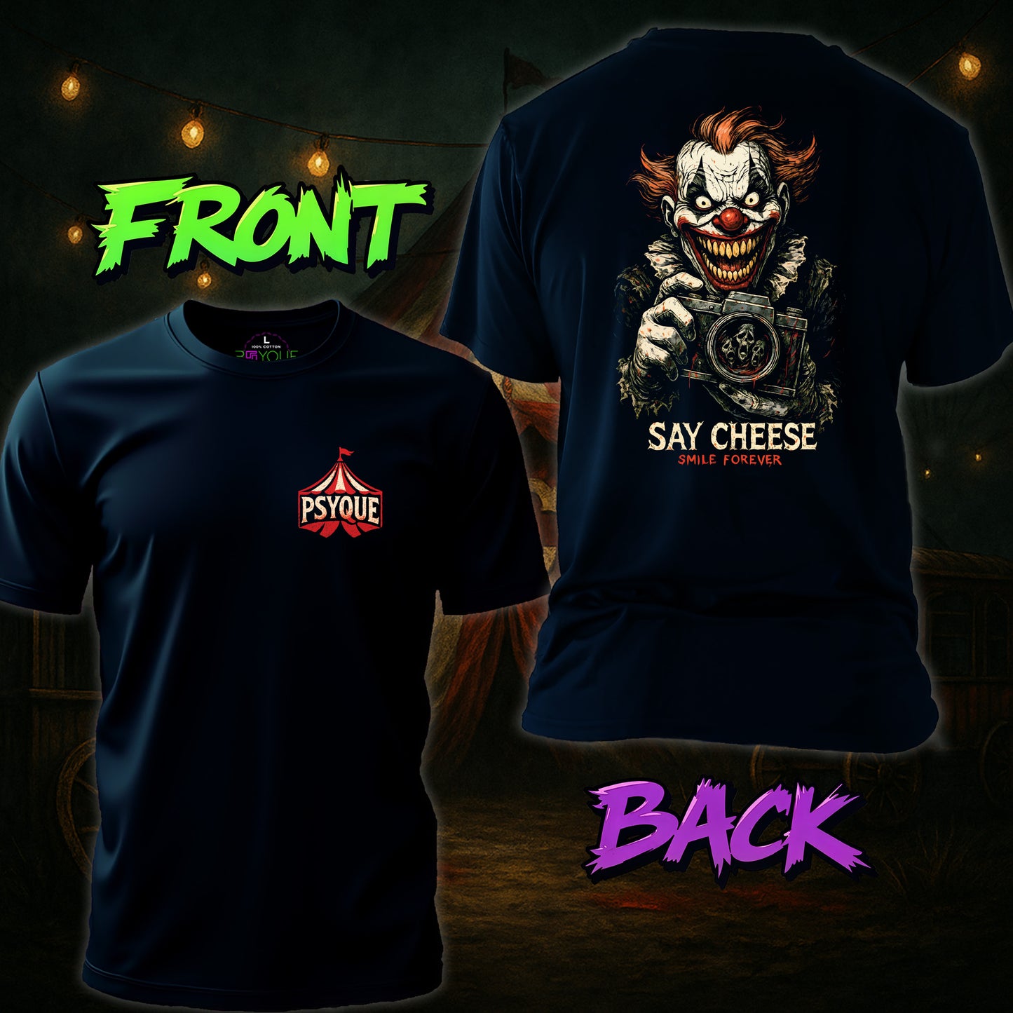 Black t-shirt with a clown graphic and text on the back, brand logo on the front, against a dark background.