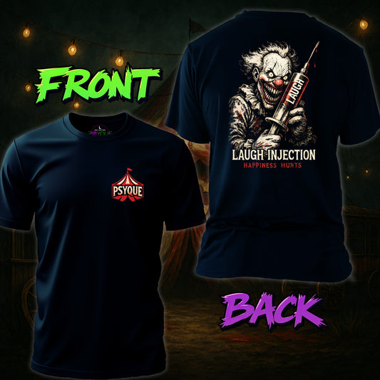 Black t-shirt with a clown graphic and text on the back, displayed against a dark background.