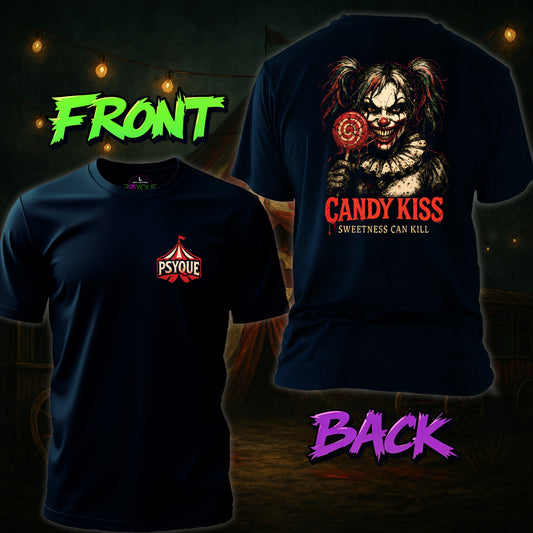 Black t-shirt with 'Psyque' logo on front and clown graphic with text on back, against a dark background.