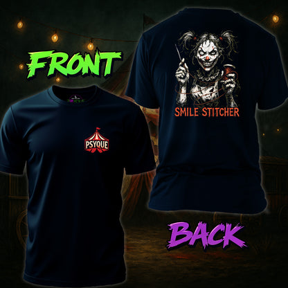 Black t-shirt with 'Psyque' logo on front and clown graphic with text 'Smile Stitcher' on back, against a dark background.