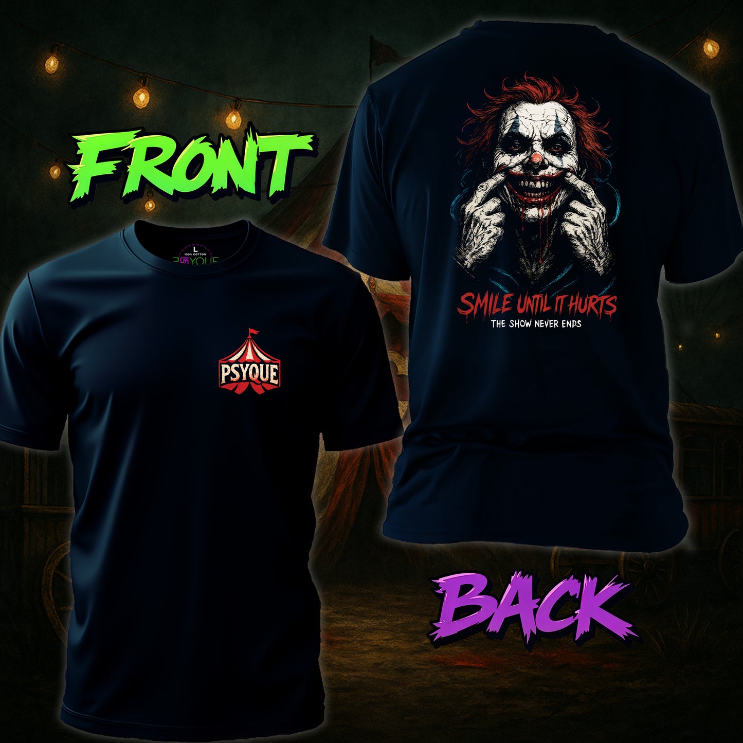 Black t-shirt with 'Psyque' logo on front and graphic design on back with text.