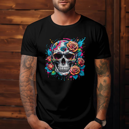 Bloom & Bone – Floral Skull Splash Edition T-shirt #s7 - Psyque