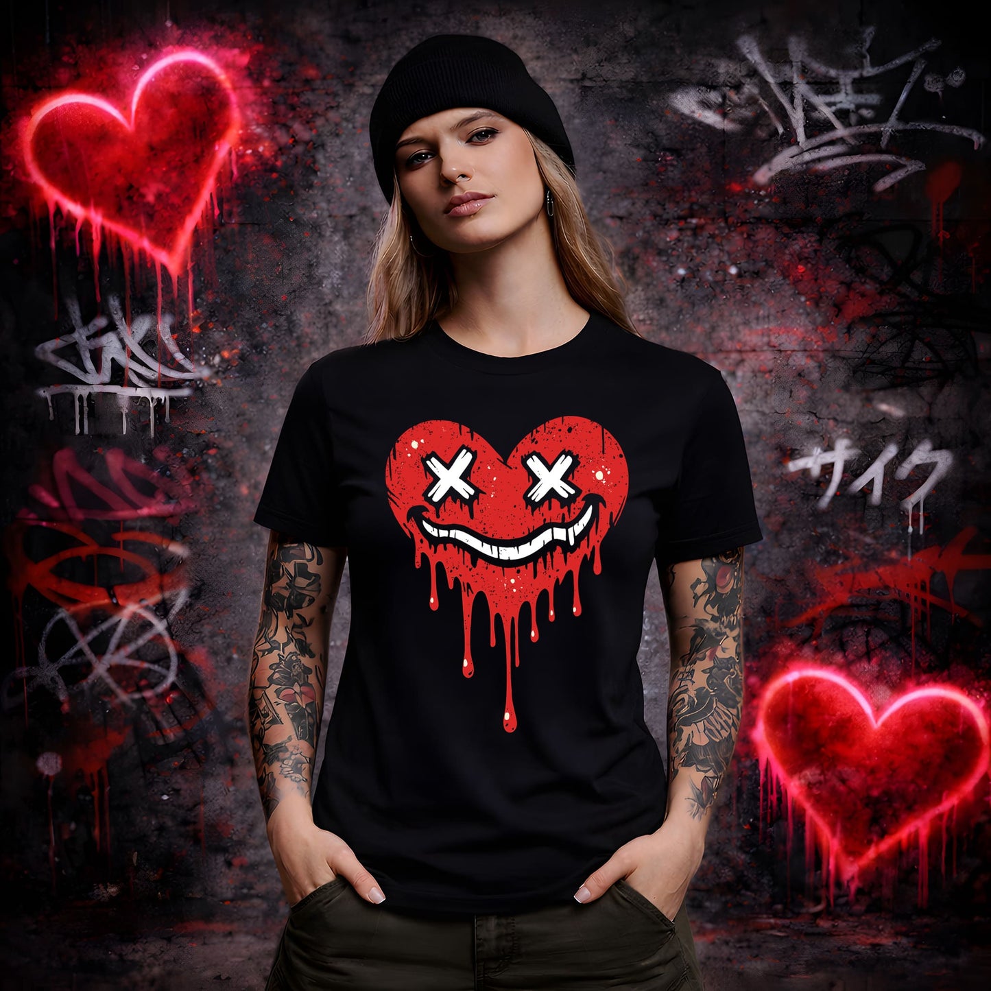 Person wearing a black t-shirt with a red heart design against a graffiti-covered wall.
