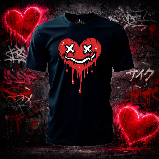 Black t-shirt with a red heart design featuring crosses on a graffiti-covered background
