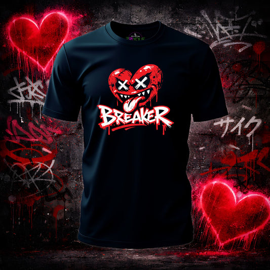 Black t-shirt with a graphic design featuring red hearts and the word 'Breaker' on a graffiti-covered background.