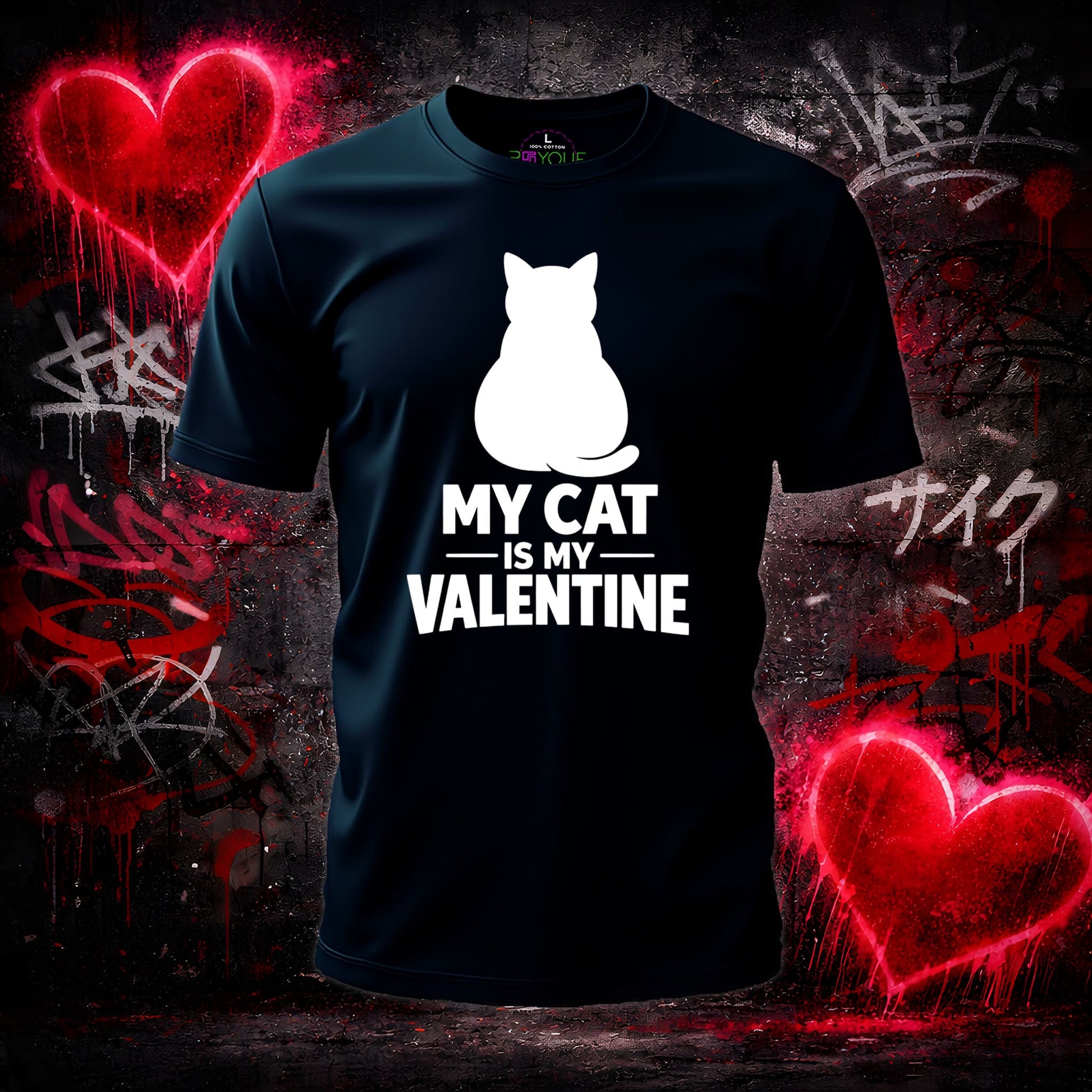 Black t-shirt with a white cat graphic and text 'My cat is my Valentine' on a graffiti-covered background.