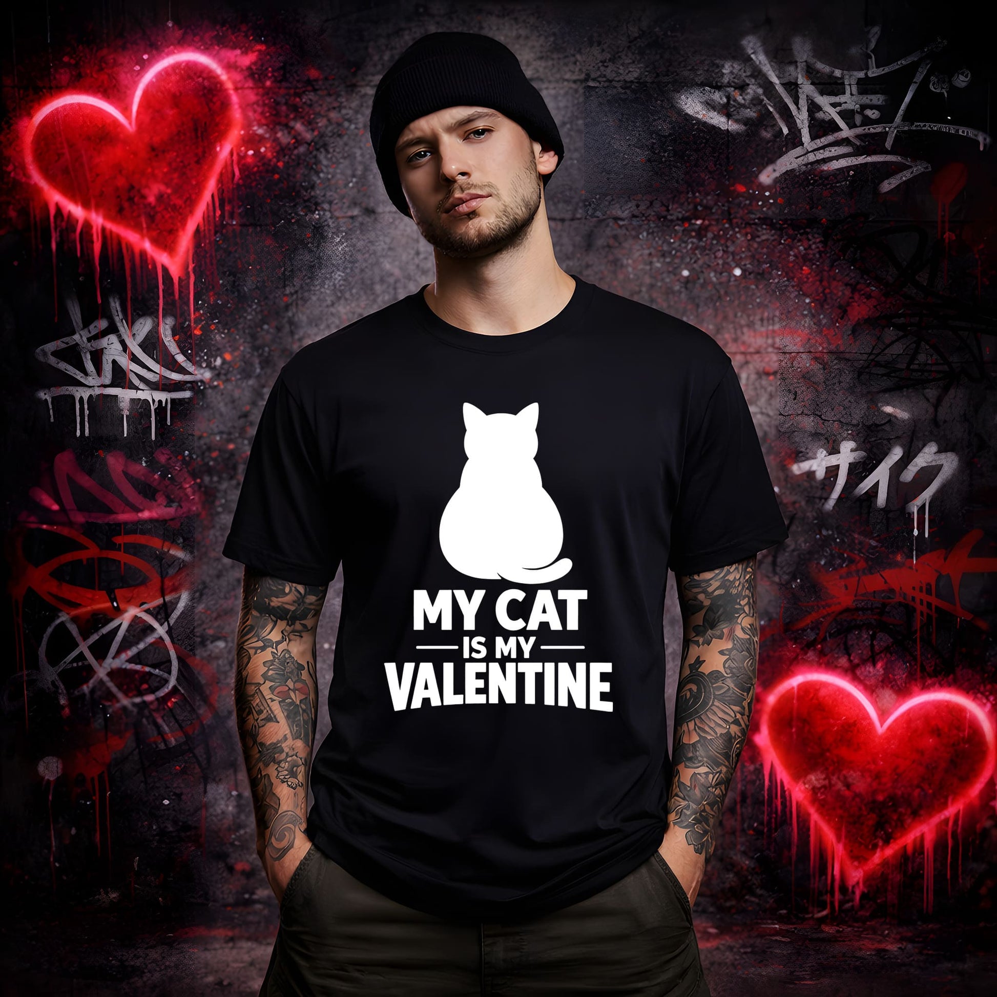 Man wearing a black t-shirt with a cat graphic and text in front of a graffiti-covered wall with red hearts.