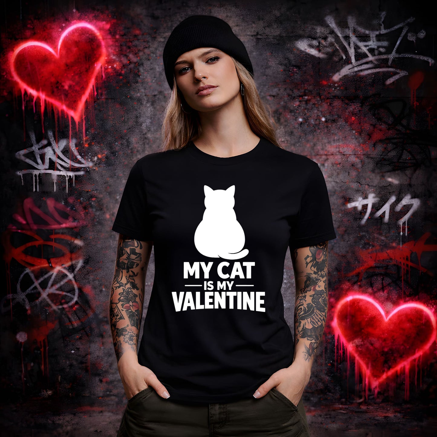 Person wearing a black t-shirt with 'My cat is my Valentine' design against a graffiti-covered wall.