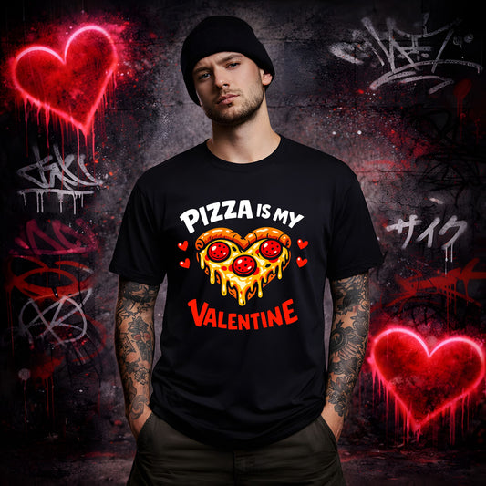 Person wearing a black t-shirt with 'Pizza is my Valentine' design against a graffiti-covered wall.