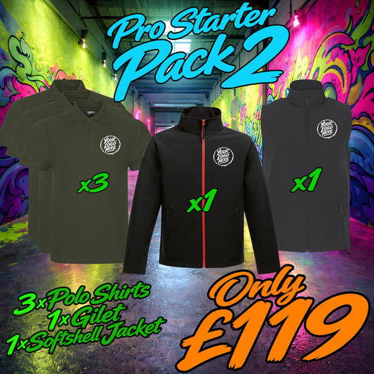 Promotional graphic for a 'Pro Starter Pack 2' with clothing items and pricing against a graffiti-covered wall.