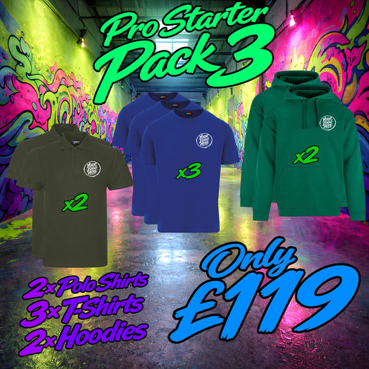 Promotional graphic for a 'Pro Starter Pack 3' with t-shirts, hoodies, and polos against a colorful graffiti background.